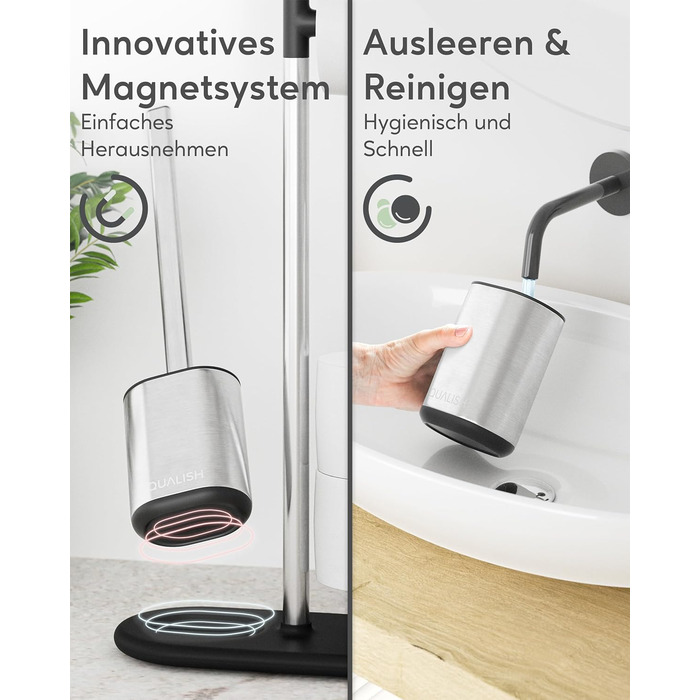 QUALISH Stainless Steel Toilet Paper Holder with Brush - Standing Toilet Paper Roll Holder with Silicone Brush - White & Black Finish