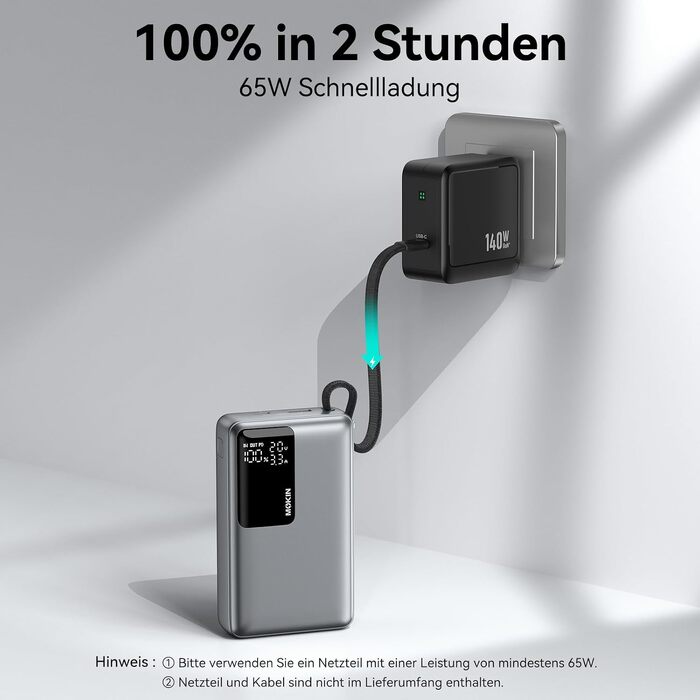 Повербанк 20000mAh 65W з швидкою зарядкою USB-C PD 3.0 та QC 4.0, зовнішній акумулятор з LED-дисплеєм для iPhone 17 16 15 14, Samsung Galaxy S25 S24, для подорожей та кемпінгу