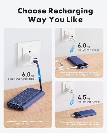 Power Bank Charmast 10000mAh з 6 виходами, USB-C, LED-дисплеєм, 4 кабелями, блакитний