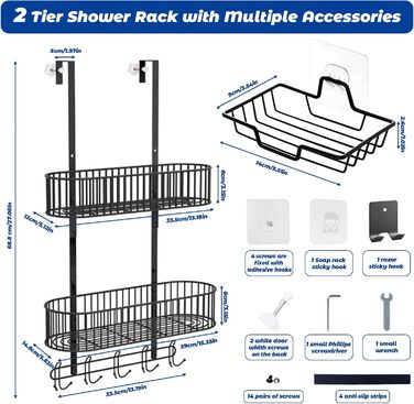 Настінна поличка для душу AIGOCITY без свердління, чорна, для скляних душових кабін, з 3 гачками, регульована висота, для шампуню та гелю для душу