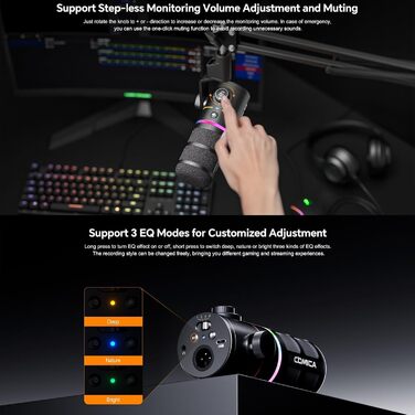 Мікрофон Comica D10 EIN з підсвічуванням RGB, XLR/USB, для стрімінгу, TikTok, подкастів та запису голосу. Сумісний з PC, Smartphone, Computer, Mac, PS4/5.