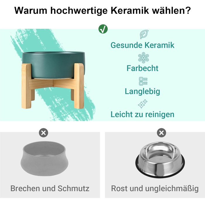 Набір мисок для корму для собак і котів SpunkyJunky з кераміки, піднятий на підставці з бамбука (2 шт. по 400 мл, зелений)