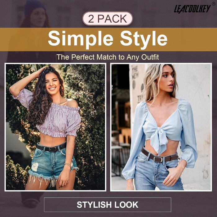 Жіночі шкіряні ремені LEACOOLKEY з пряжкою, 2 шт. - для джинсів та штанів, розміри XXL (117-127 см) та XL (107-117 см)