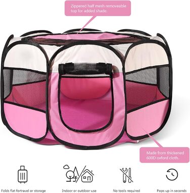 Клітка-загон для собак та котів 73x73x43 см, рожева, портативна, для внутрішнього та зовнішнього використання