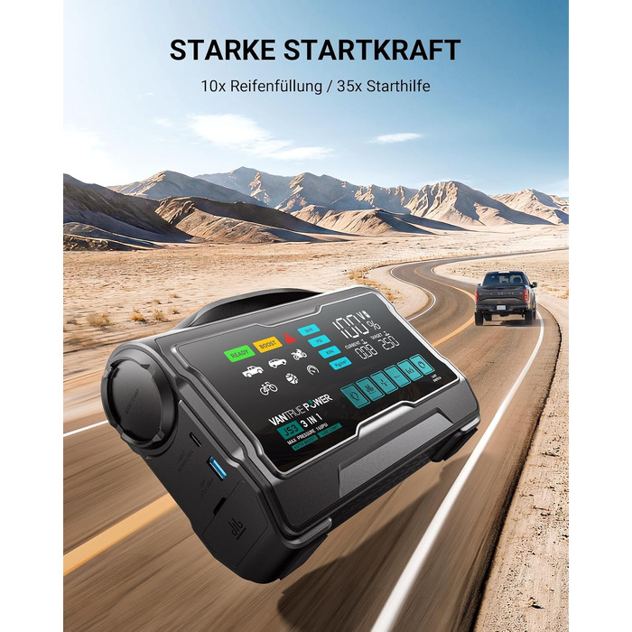 Пусковий пристрій (бустер) VANTRUE POWER JS3 для авто з компресором 160 PSI та функцією Powerbank, чорно-сріблястий