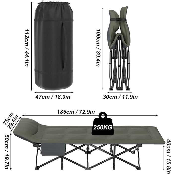 Розкладне ліжко-крісло для кемпінгу 185x75 см з матрацом, подушкою та кишенею, до 250 кг, для відпочинку на природі, саду та риболовлі
