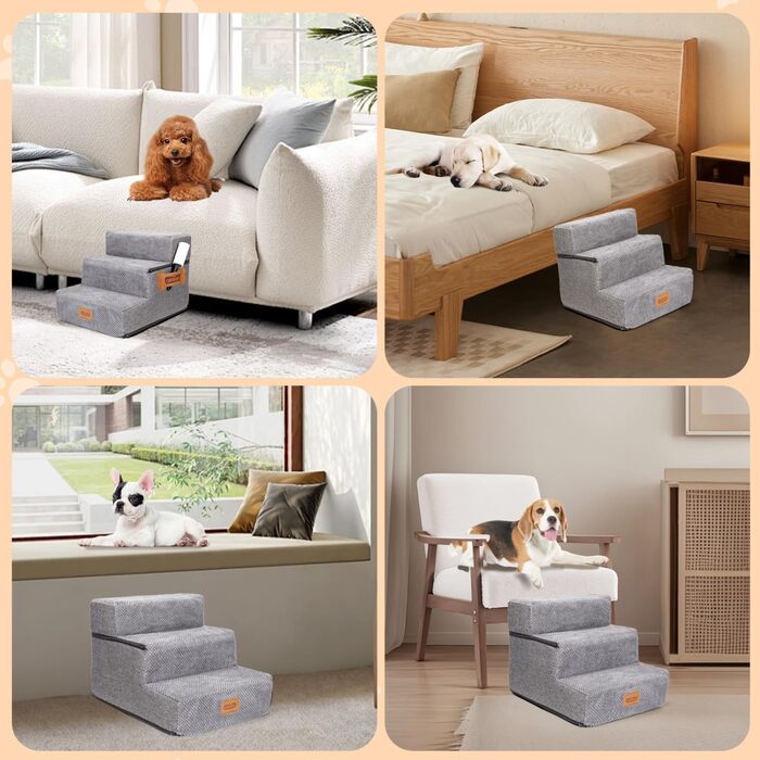 Східці для собак Nobleza: 3 сходинки для маленьких собак, котів, на ліжко, диван. З роликом для шерсті