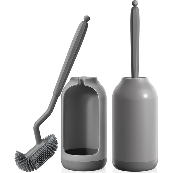Силіконова щітка для унітазу HAMITOR з тримачем: гнучка щітка для унітазу з очищувачем країв - швидковисихаючий набір щіток для унітазу з тримачем для аксесуарів у ванну кімнату, підвісна щітка для унітазу сірого кольору, без свердління, 1 шт.