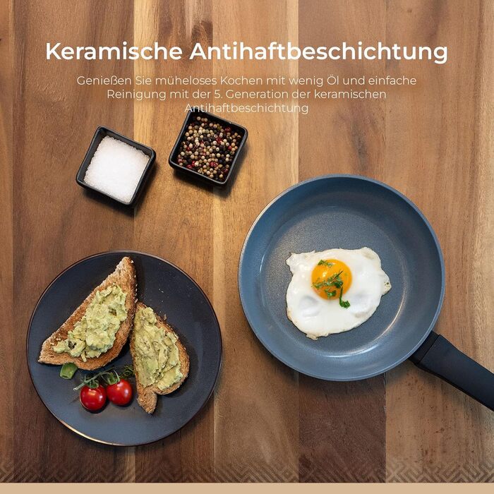 Набір сковорідок Be Living Delight 4 шт. (20/24/28 см + вок 28 см з кришкою), антипригарне покриття з кераміки, для індукційних плит, без PTFE та PFOA, чорний