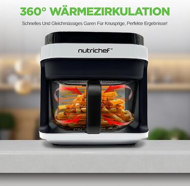 Фритюрниця NutriChef 5.5L біла – електрофритюрниця 8-в-1 з LED-дисплеєм. Готування без олії, циркуляція 360° для картоплі, курки, овочів та іншого.