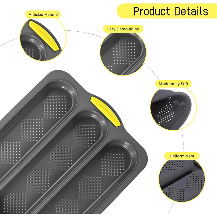 JAOGAUS 6-Piece Baguette Baking Sheet, High-Quality Roll Baking Mold, Baguette Sheet, Baguette Baking Mold, Bread Baking Forms, Perforated, Non-Stick Food Grade, Easy to Clean, Bread Baking Accessories (Gray)