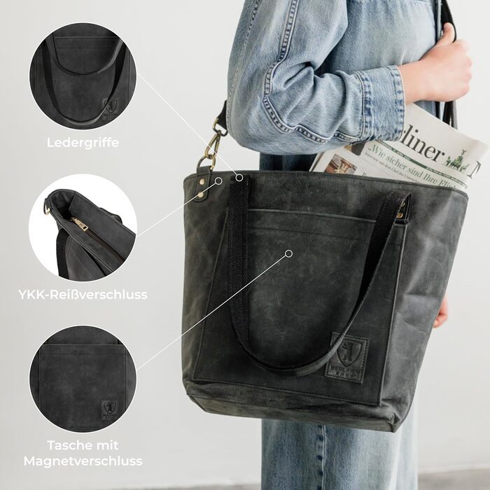 Сумка жіноча шкіряна через плече Berliner Bags Verona, велика шопер-сумка з YKK-блискавкою, темно-сіра