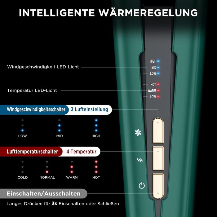 Випрямляч для волосся PARWIN PRO BEAUTY Ionen Air Glätteisen: без нагрівальних пластин, для середнього та довгого волосся (35-75 см), 1200 Вт, темно-зелений