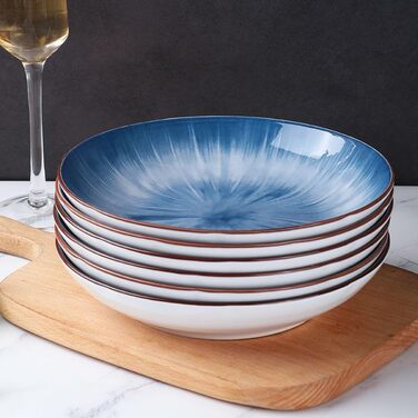 Тарілки для пасти NUTRIUPS 20.5 см, 6 шт. Керамічні тарілки для супу 500 мл, 8 дюймів, мікрохвильова та посудомийна машини, блакитні, набір