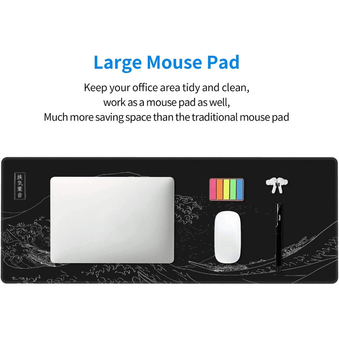 Килимок для миші для геймінгу, чорний, з принтом «Хвиля Канадзи», 80 x 30 см, з гумовою основою, водонепроникний, з прошитими краями