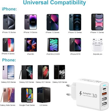 Мережевий зарядний пристрій USB-C 40W з 4 портами PD та QC3.0, для iPhone 15/14/13/12/11, Samsung S24/S23/S22