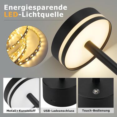 Настільна LED лампа акумуляторна 2 в 1 Schwarz - бездротова нічна лампа з димером, USB-C зарядка, сенсорне керування, для спальні, вітальні, офісу - чорна