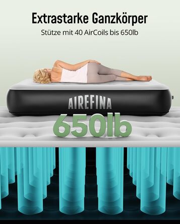 Надувне ліжко Airefina для 1-2 осіб з вбудованим насосом, 99x190x46 см та 203x152x33 см, до 295 кг, з сумкою для перенесення