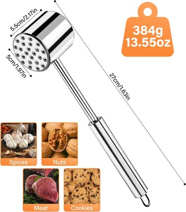 Fleischhmmer Bixury 27 см з нержавіючої сталі: подвійний молоток для м'яса з ребристою поверхнею для шніцелів, котлет, стейків, яловичини, свинини, курки (срібний)