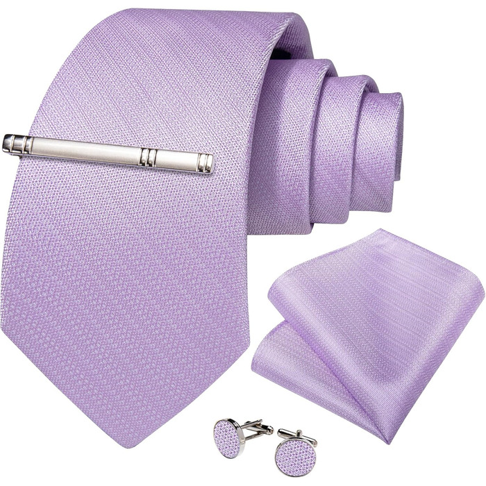 Краватка однотонна DiBanGu для чоловіків: шовкова краватка, нагрудна хустинка, запонки, краватки-кліпси. Набір для весілля, святкування. Колір: ліловий