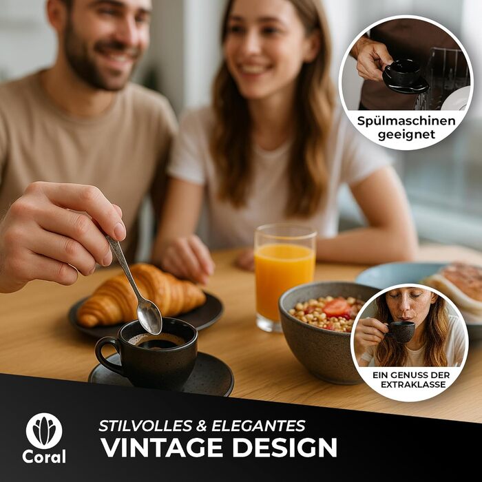 Набір кавових чашок Coral Espresso 4 шт. 90 мл, кераміка, чорний колір: чашки, блюдця та ложки