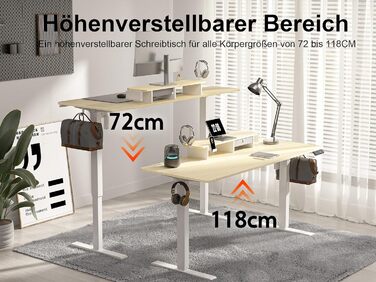 Electric Standing Desk with Drawers - 120x60cm, Oak Finish - Adjustable Height Desk for Home Office & Business, Monitor Stand, Phone Holder, 3 Hooks