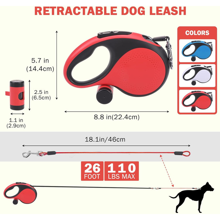 Рулетка для собак SCENEREAL - 7.9 м, для собак до 50 кг, міцна, з відмоткою, з анти-жувальною ниткою та дозатором для відходів (Червоний)