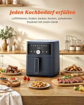 Аерофритюрниця Innsky 6 л, 8-в-1, електрична Heißluftfritteuse XXL, 1500 Вт, LED-сенсор, енергоощадна, тиха (50 дБ), для 3-5 осіб, сіра, квадратна, можна мити в посудомийці
