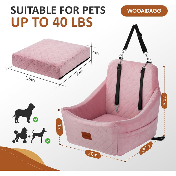 Автокрісло для собак середніх порід, переноска для тварин у машину з кріпленням ременем безпеки, знімна та пральна, регульовані ремені, 3 ремені (Чорний) (Рожевий, М)