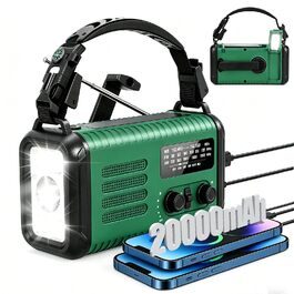 Радіо на сонячній батареї з ручним заводом 20000mAh, AM/FM, радіо для екстрених ситуацій, зарядний пристрій для телефону, SOS-сигнал, ліхтарик та лампа для кемпінгу та надзвичайних ситуацій, зелений