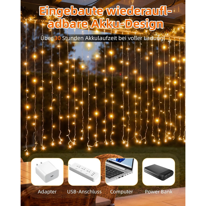 LED штора Anpro 3x3м, USB, 8 режимів, тепле світло для декору, вечірки, спальні