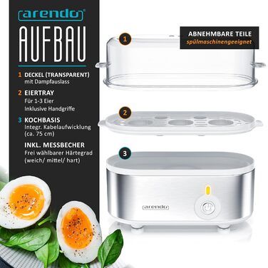 Електричний яйцевар Arendo Threecook з нержавіючої сталі - 1-3 яйця, регулювання ступеня готовності, безпечний, BPA-free