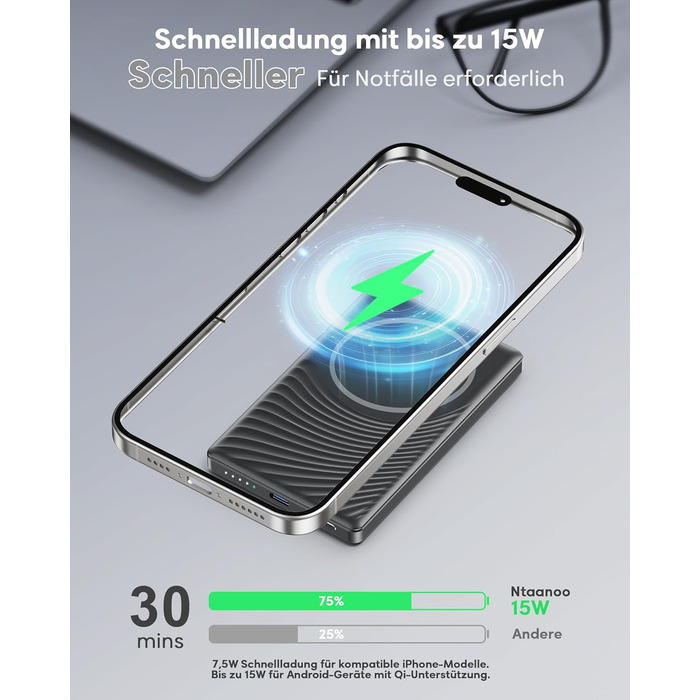 Powerbank Ntaanoo MagSafe 5000mAh з швидкою зарядкою 20W для iPhone 16/15/14/13/12, чорний