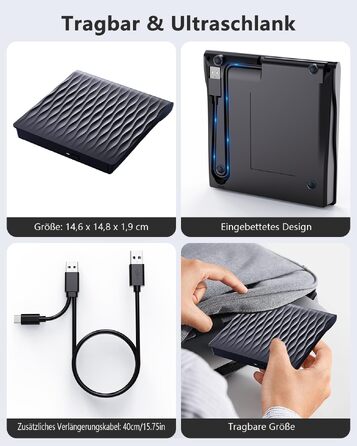 Зовнішній DVD CD привід DANGZW USB 3.0 Type-C, портативний DVD-записувач та плеєр для ноутбука та ПК, сумісний з Windows, Linux, MacOS, матовий чорний