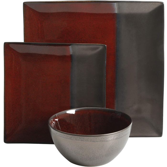 Сервіз посуду Gibson Elite Tequesta з реактивної глазурі (16 предметів) для 4 осіб, квадратний, червоно-шоколадний