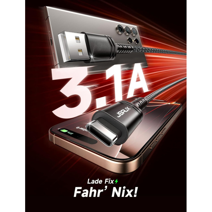 Кабель USB-C JSAUX 2 шт. (2м), 3.1A, нейлон, швидка зарядка, сумісний з Samsung Galaxy, iPhone, CarPlay, PS5