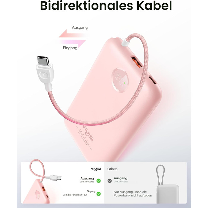Повербанк VIYISI 10000mAh ультратонкий із вбудованим кабелем USB-C, рожевий