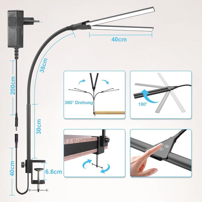 Світлодіодна лампа настільна для офісу та дому, світло для монітора, 1400 люмен, регульована яскравість, кріплення-затискач, лампа для робочого місця, гусяча шия, подвійний насадки, 5 режимів кольору та рівнів яскравості, білий колір (чорний, 80 см)