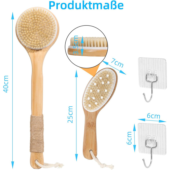Набір з 2 шт. щітки для сухого масажу тіла, щітка для спини та душу з довгою ручкою, щітка для лімфодренажу, натуральна щетина для пілінгу та лімфодренажу, масажна щітка для тіла