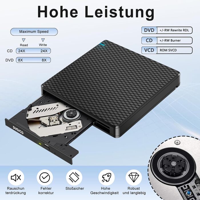 Зовнішній DVD-привід USB-C CD/DVD гравер та плеєр для MacBook, ноутбуків та ПК (Windows 11) з 2 USB-портами та SD/TF слотом, чорний
