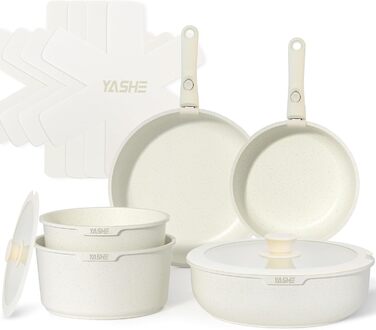 YASHE 13-Piece Cookware Set - Nonstick Granit Pots & Pans with Lids, Induction Ready, Oven Safe, Stackable