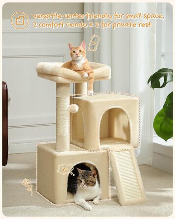 PETEPELA Scratching Post with Dual Condos for Apartment Cats, All-in-One Cat House with Padded Perch, Scratch Ramp and Post, and Replaceable Balls Beige