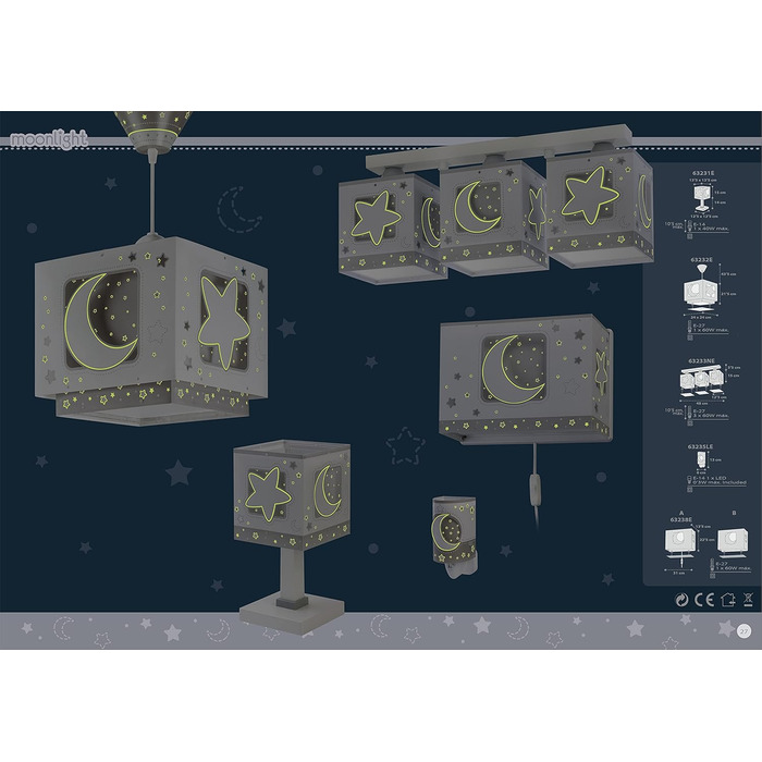 Ceiling Lamp for Kids' Room, Pendant Light, Hanging Lamp, Ceiling Light for Children, Moon and Stars Gray MoonLight, 63232E, E27