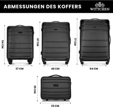 Набір валізWITTCHEN Globe Line: 4 валізи (великий, середній, маленький, ручна поклажа) з ABS-пластику, 4 колеса, кодовий замок, телескопічна ручка, чорний колір. Підходить для Lufthansa, Eurowings, Ryanair, Condor, Discover Airlines