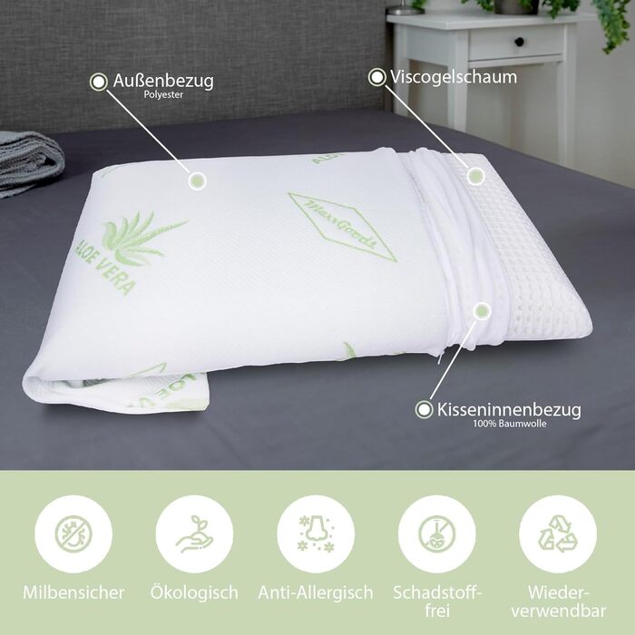 MaxxGoods orthopedic pillow, neck support pillow made of viscoelastic gel foam with Aloe Vera cover & inner cover made of 100% cotton - head pillow, pillow for side sleepers (42cm x 70cm x 15cm)