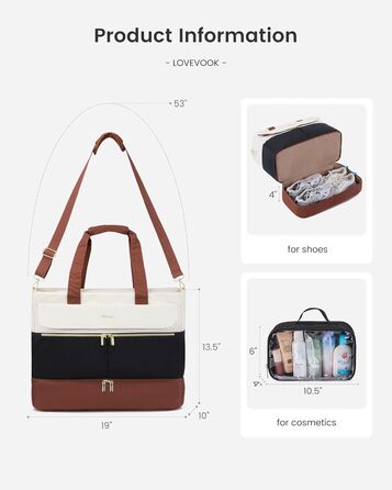 Сумка-валіза LOVEVOOK для жінок, 45л: валіза-рюкзак, сумка для подорожей, спортивна сумка, сумка для вихідної поїздки, клінічна/лікарняна сумка з відділенням для взуття та мокрих речей (чорний+бежевий+коричневий)