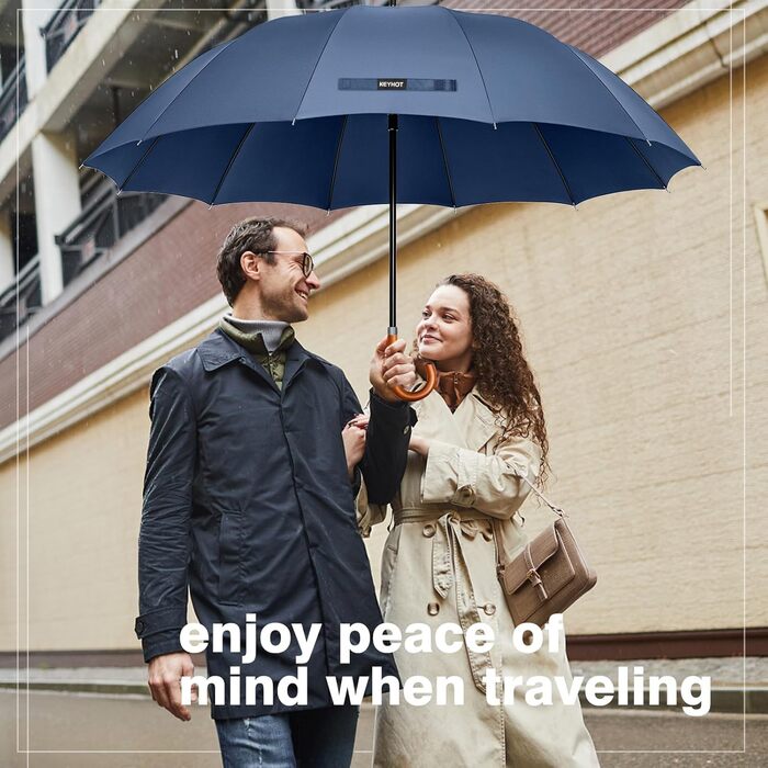 Stormproof Umbrella - XL Wooden Handle Rain Stick Umbrella for Men & Women - 12 Ribs, 118cm, Marine Blue