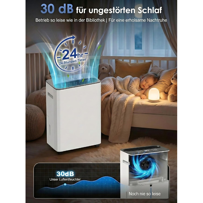 Електричний осушувач повітря з автоматичною та безперервною подачею води (шланг у комплекті), для спалень та підвалів, LED-дисплей, тихий з таймером (12л/день)