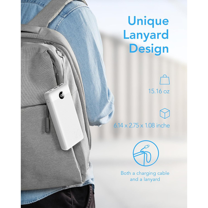 Power Bank VRURC 20000mAh з LED дисплеєм: швидка зарядка 22,5W, USB-C, для iPhone, Huawei, Samsung