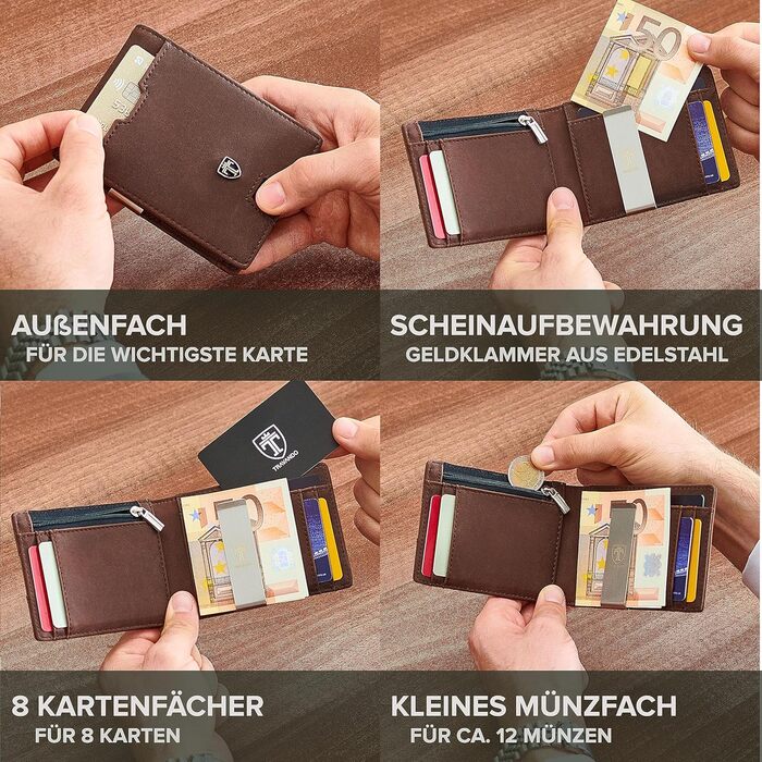 Чоловічий шкіряний гаманець TRAVANDO New York з кліпсою для грошей, RFID захистом, відділенням для монет, компактний, коричневий